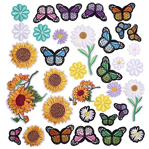 TACVEL 35 Pieces Embroidered Iron on Patch, Sunflowers Butterfly Daisy Flower Iron on Patches Set, Sew On/Iron on Patch Applique for Clothes, Dress, Hat, Jeans, DIY Accessories von TACVEL