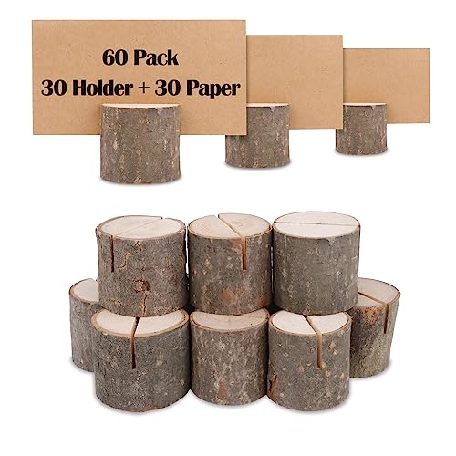 TACYKIBD 30 Stück Tischkartenhalter Rustikales Holz mit Holzrinde, Rustikale Holz Tischkartenhalter mit Kraft Papier Karten, Platzkartenhalter Memohalter Kartenhalter für Hochzeitsfeier Dekoration von TACYKIBD