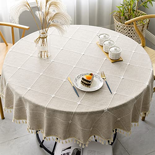 TACYKIBD Runde Tischdecke, Staub-Proof Plaids Tischdecke mit Quasten, Baumwolle Leinen Tischdecke für Küche Esszimmer Picknick Tischplatte Bauernhaus Party Couchtisch (150cm, Beige) von TACYKIBD