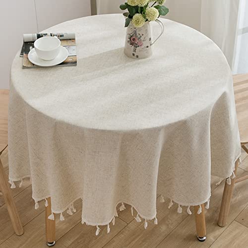 TACYKIBD Tischdecke Rund, Abwaschbar Leinen Baumwolle Tischtuch Knitterfrei Quaste Staubdicht Tischwäsche für Küche Picknick Esszimmer Esstisch Couchtisch Gartentisch Tischdekoration (150 cm, Beige) von TACYKIBD