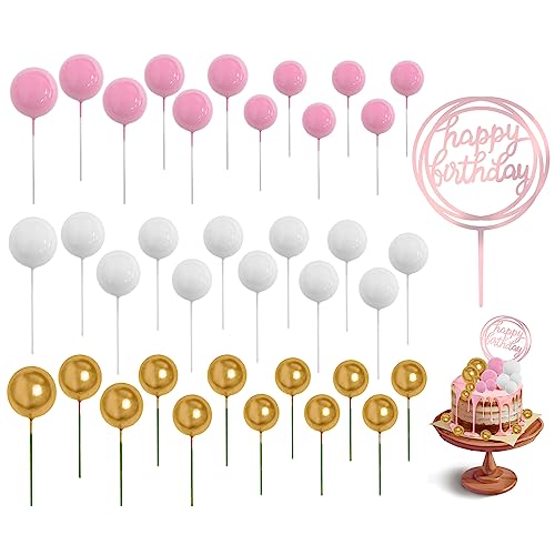 TAFACE 36 Stück Kuchenkugel-Plugin und 1 Geburtstags-Topper, Kuchen-Topper, Perlen-Schaumstoff-Kugeln, DIY-Kuchen-Topper für Backdekorationen, Geburtstagsparty (Goldenes Rosa Weiß) von TAFACE