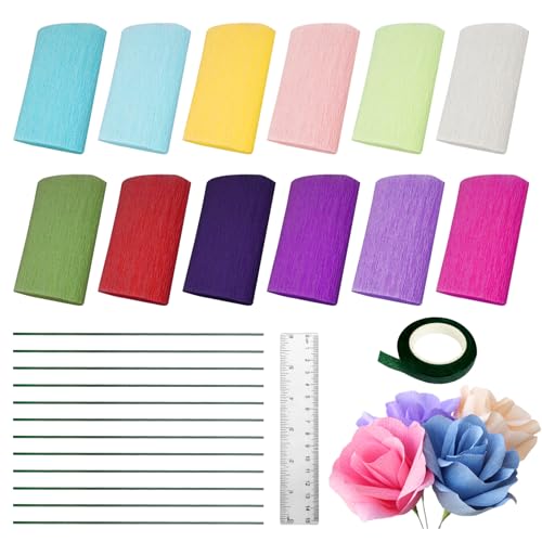 12 Farben Krepppapier Krepppapier Bunt Crepe Papier Krepppapier Rollen Floristenkrepp Krepp Krepp-Papier-Blumenpapier 10 x 250 cm für Die Herstellung von Valentinstag-Blumen DIY Blumenpapier-Handwerk von TAGOQUEN