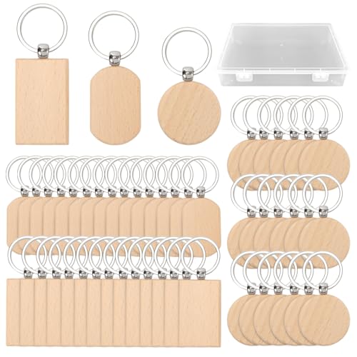 TAICHEUT 60 Stück Schlüsselanhänger aus Holz mit Aufbewahrungsbox, Lasergravur, unlackierter Holz-Schlüsselanhänger für DIY-Geschenke, Handwerk, personalisierte Projekte von TAICHEUT