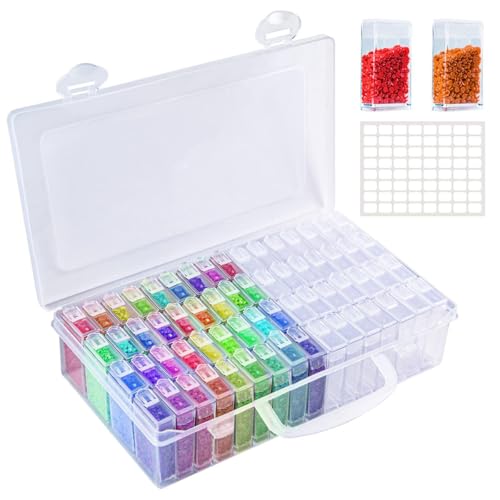 TAIHE Diamond Painting Aufbewahrungsbox, 64 Raster Diamond Painting Zubehör Box mit Stickers, Kunststoff Sortierboxen für Kleinteile, Maniküre, Perlen, Strasssteine von TAIHE