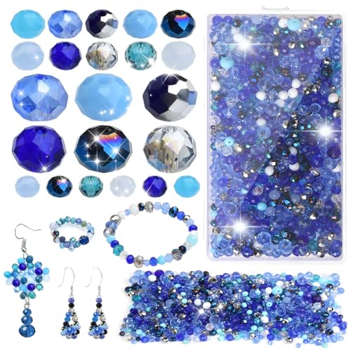 TAIHOBO 1020pcs Perlen zum Auffädeln Blaue, Facettierte Glasperlen zum Auffädeln, 4 6 8mm Pearl für Armbänder, Bastelperlen Mix Glitzersteine für Basteln von TAIHOBO