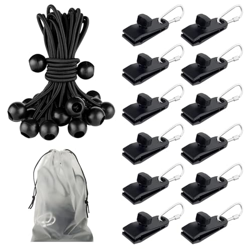 TAIHOBO 37 Stück Planenclips Camping Clip, Zeltplane Befestigungsclips, Heavy Duty Tarp Klemme Heckzelt Clips, 12 Spanngummi mit Kugel und 12 Karabiner Clips für Campingzelte Bootsabdeckung Vordächer TAIHOBO 37 Stück Planenclips Camping Clip, Zeltplane Befestigungsclips, Heavy Duty Tarp Klemme Heckzelt Clips, 12 Spanngummi mit Kugel und 12 Karabiner Clips für Campingzelte Bootsabdeckung Vordächer von TAIHOBO