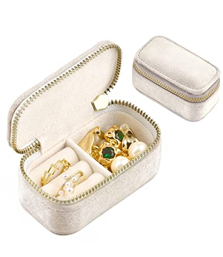 TAIMY Mini-Schmuck-Reiseetui, Samt, kleine Reise-Schmuckschatulle, tragbare Schmuckschatulle, Reise-Organizer-Box für Ringe, Ohrringe, Halsketten, Geschenke für Frauen und Mädchen (beige) von TAIMY