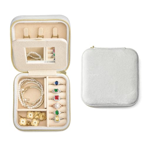 TAIMY Schmucketui, Kleiner Plüsch-Samt-Organizer, Tragbare Mini-Schmuckschatulle für Ringe, Ohrringe, Halsketten, Armbänder (Weiß, Mit Spiegel) von TAIMY