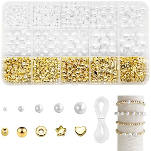 TAIXING 1240 Stück Perlen zum Auffädeln, Perlen für Armbänder Perlen Set mit Loch für Armbänder Selber Machen, 4/6/8/10/12mm Plastikperlen, Perlenset für DIY Armband Schmuckherstellung(weiß,Gold) TAIXING 1240 Stück Perlen zum Auffädeln, Perlen für Armbänder Perlen Set mit Loch für Armbänder Selber Machen, 4/6/8/10/12mm Plastikperlen, Perlenset für DIY Armband Schmuckherstellung(weiß,Gold) von TAIXING
