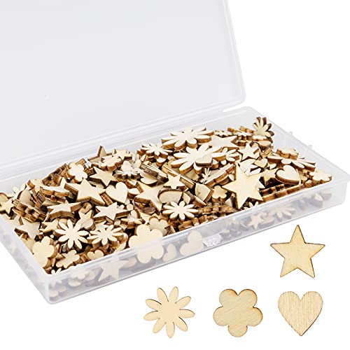 TAIYOU 400 Stück Holzscheiben mit Plastikbox Holzsterne Holzherz Holzblumen zum Basteln Dekorieren Diy Holz Deko Holz Scheiben für Weihnachts-Deko Tischdeko Streudeko Sammelalben von TAIYOU