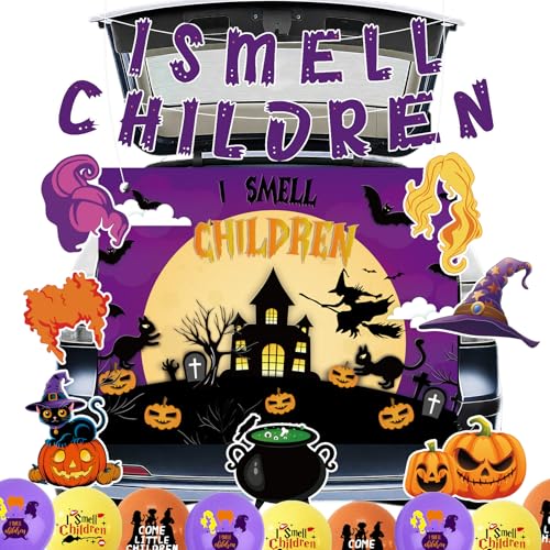 Halloween-Hexenstamm oder Leckerei-Auto-Dekorationen – 13 Stück "I Smell Children" Themen-Dekoration für Kinder, gruseliger Banner, Hintergrund und Ausschnitte für Halloween-Dekoration, Garagentor von TAKEALOOKO