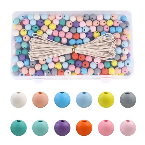 300 Stück Holzperlen Bunt Ø10mm mit 3mm Fädelloch, 12 Pastellfarben, DIY Holzperlen mit Schnur, Holzkugeln im Aufbewahrungsbox, Bastelperlen für Kinder & Erwachsene Schmuckherstellung von TAKIMEZY