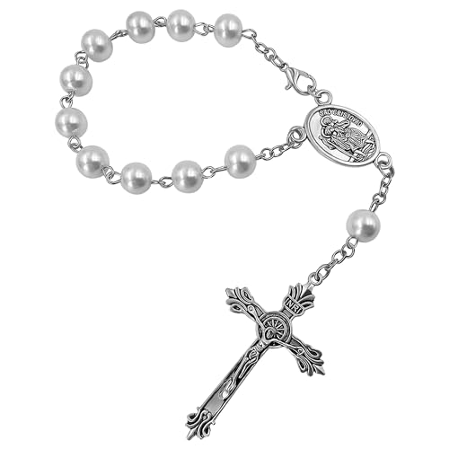 Rosenkranz mit Heiligem Christophorus, Auto-Rosenkranz für Rückspiegel, Glasperlen, katholisch, ein Jahrzehnt, Auto-Rosenkranz für Damen und Herren, religiöses Geschenk (weiße Perlen) von TALISMAN4U