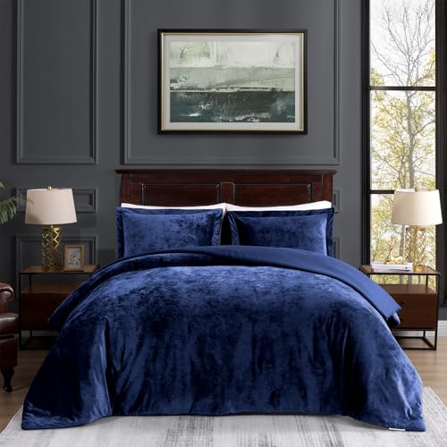 TAMGHO Bettwäsche-Set für Queen-Size-Bett, Pannesamt, marineblau, Luxus-Bettwäsche-Set, Queen-Size-Bett, alle Jahreszeiten, flauschig und weich, 3-teilig (Bettdecke + 2 Kissenbezüge) von TAMGHO