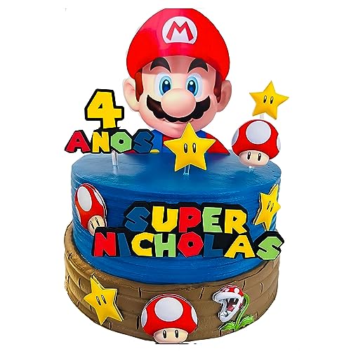 4 Jahre Super Mario Tortendeko Geburtstag, 11 Stück Tortenaufleger Kuchen Dekoration Geburtstag Party Cake Topper für Mädchen Jungen Kinder. (4) von TAMYID