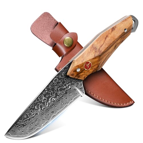 TAN RAN Damastmesser 10.4 CM, Outdoor Messer Feststehend, Survival Messer Outdoor, Jagdmesser Feststehende Klinge mit Scheide, Bushcraft Camping Messer Feststehend für Wandern, Fischen und Jagd von TAN REN