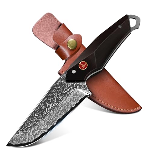 TAN REN Damastmesser Jagdmesser，Outdoor Messer Feststehende Klinge Scharfes, Survival Messer Outdoor, D2 Stahl Überlebensmesser mit Lederscheide Bushcraft Messer für Wandern, Angeln und Jagd von TAN REN