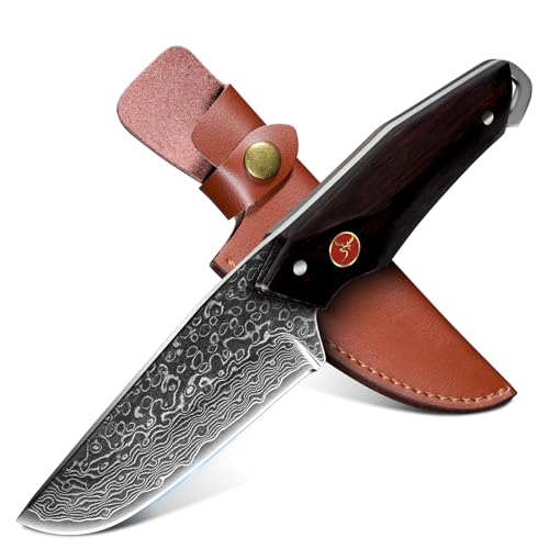 TAN REN Damastmesser Jagdmesser，Outdoor Messer Feststehende Klinge Scharfes, Survival Messer Outdoor, D2 Stahl Überlebensmesser mit Lederscheide Bushcraft Messer für Wandern, Angeln und Jagd von TAN REN