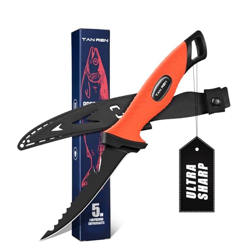 TAN REN Filetiermesser Fisch 12.5CM, Edelstahl Fischmesser mit Anti-Rutsch-Griff, Full Tang Filetiermesser Fleisch, Outdoor-Messer für Fisch und Fleisch, Scharfes Angelmesser von TAN REN