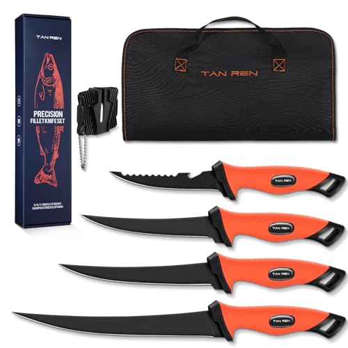 TAN REN Filetiermesser Fisch Set, Fischmesser mit Anti-Rutsch-Griff, Filetiermesser Fleisch Set mit Mit Tasche und Messerschärfer, Full Tang Angelmesser Outdoor-Messer-Set, Geschenk für Männer TAN REN Filetiermesser Fisch Set, Fischmesser mit Anti-Rutsch-Griff, Filetiermesser Fleisch Set mit Mit Tasche und Messerschärfer, Full Tang Angelmesser Outdoor-Messer-Set, Geschenk für Männer von TAN REN