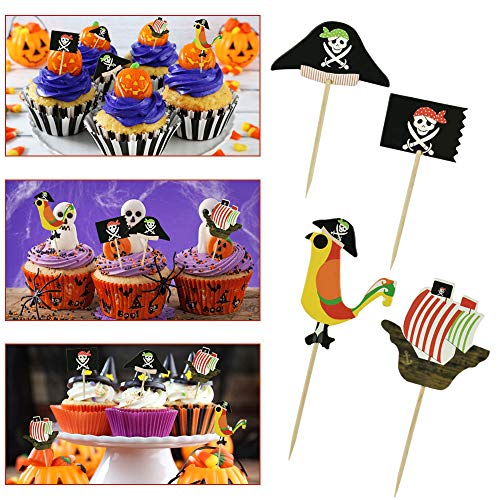 TANCUDER 48 Stücke Pirate Kuchen Topper Umweltfreundliche Halloween Cupcake Toppers 4 Muster Cupcake Picks Deko Flaggen Kuchen Topper Piraten Kuchendekoration für Geburtstag, Hochzeit, Halloween Party von TANCUDER