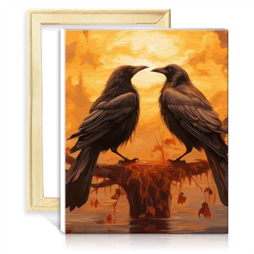 TANGFEIY Digitales Malset „Zwei schwarze Raben“ für Kinder und Erwachsene, Wanddekoration – mit 3 Pinseln und Acrylfarben, Bilder für die Wanddekoration zu Hause, Geschenke, DIY-Rahmen (30 x 40 cm) von TANGFEIY