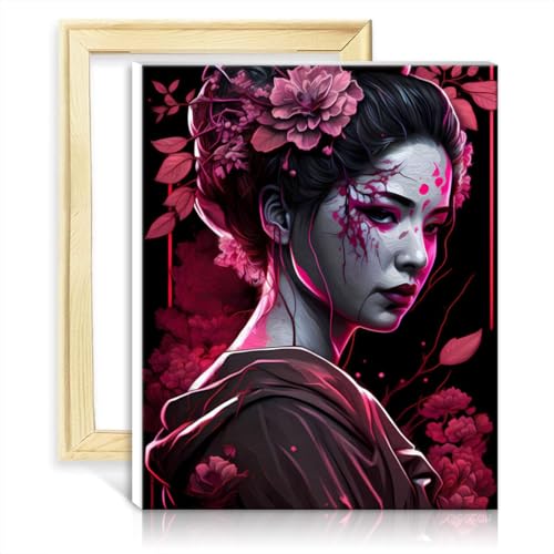 TANGFEIY Malen nach Zahlen, Geisha, Neon-Kirschblüte, DIY-Ölgemälde nach Zahlen, Leinwand, Kunsthandwerk, Malen nach Zahlen für Erwachsene, ohne Rahmen (60 x 75 cm) von TANGFEIY