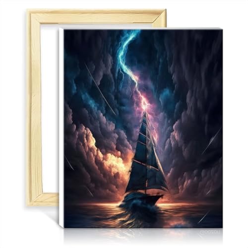 TANGFEIY Malen nach Zahlen, Segelboot im Sturm, Ölgemälde, Malen nach Zahlen-Sets für Erwachsene und Kinder mit Pinseln und Acrylpigmenten auf Leinwand, DIY-Rahmen (30 x 40 cm) von TANGFEIY