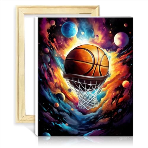 TANGFEIY Malen nach Zahlen-Set, Basketball, umgeben von Planeten, DIY-Ölgemälde für Erwachsene, Acrylzahlen mit Pinseln für die Wanddekoration zu Hause, Gemälde mit Rahmen (30 x 40 cm) von TANGFEIY