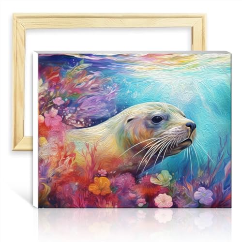TANGFEIY Malen nach Zahlen auf Leinwand, Robbe, für Erwachsene und Kinder, Anfänger, Acrylzahlen mit Pinseln für die Wanddekoration zu Hause, Geschenke, ohne Rahmen (40 x 50 cm) von TANGFEIY