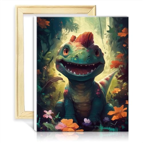 TANGFEIY Malen nach Zahlen auf Leinwand, buntes Dino-Poster, Malen nach Zahlen für Erwachsene, Acrylzahl mit Pinseln, Heimdekoration, Gemälde, Geschenk, DIY-Rahmen (30 x 40 cm) von TANGFEIY
