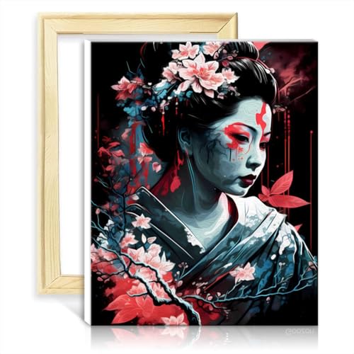 TANGFEIY Ölgemälde-Set für Leinwand, Geisha, Neon-Kirschblüte, Ölgemälde-Set für Kinder mit Pinseln und Acrylpigmenten auf Leinwand mit Rahmen (40 x 50 cm) von TANGFEIY