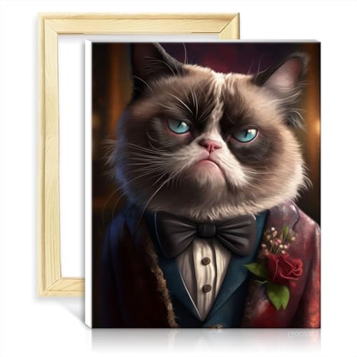 TANGFEIY auf Leinwandgemälde „Grumpy Cat Fancy Suit“ für Kinder und Erwachsene, Wanddekoration mit Pinseln und Acrylpigmenten auf Leinwand, gemalter Stil für Heimdekoration, mit Rahmen (40 x 50 cm) von TANGFEIY