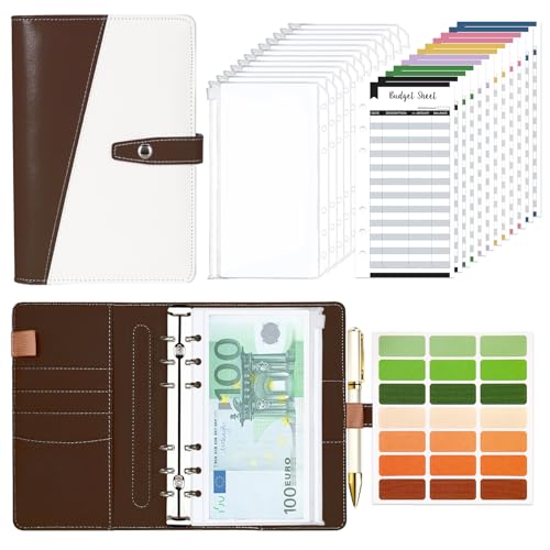 Budget Planner Budget Binder A6, Budgetplaner Geld Organizer mit Weiche PVC Tasche, TAOPE Leder Budget Binder Notizbuch A6 Cash Stuffing, 6 Löcher Budget Planner, Haushaltsbuch mit Geldfächer Braun von TAOPE