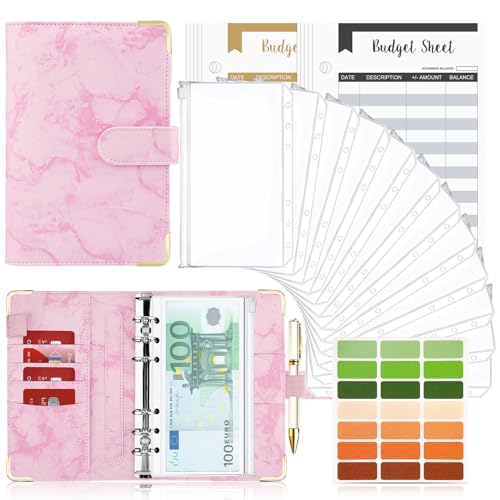 Budget Planner Budget Binder A6, Budgetplaner Geld Organizer mit Weiche PVC Tasche, TAOPE Leder Binder Notizbuch A6 Cash Stuffing, 6 Löcher Budget Planner, Haushaltsbuch mit Geldfächer Marmor Rot von TAOPE