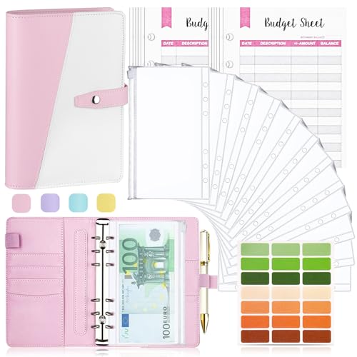 Budget Planner Budget Binder A6, Budgetplaner Geld Organizer mit Weiche PVC Tasche, TAOPE PU Leder Budget Binder Notizbuch A6 Cash Stuffing, 6 Löcher Budget Planner, Haushaltsbuch mit Geldfächer Rosa von TAOPE