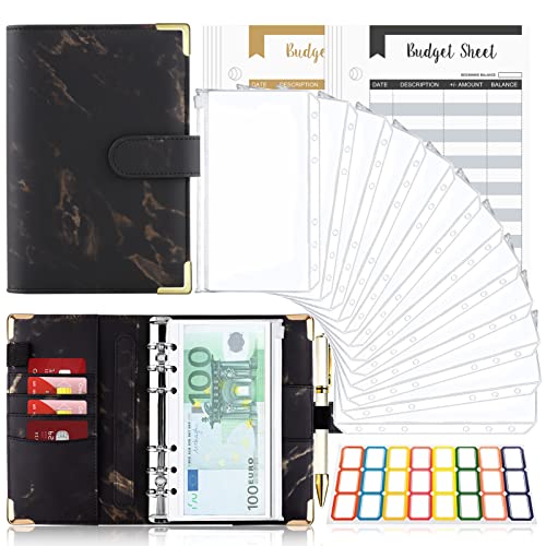 Budget Planner Budget Binder A6, Budgetplaner Geld Organizer mit Weiche PVC Tasche, TAOPE Leder Binder Notizbuch A6 Cash Stuffing, 6 Löcher Budget Planner, Haushaltsbuch mit Geldfächer Marmor Schwarz von TAOPE