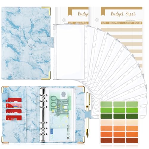 Budget Planner Budget Binder A6, Budgetplaner Geld Organizer mit Weiche PVC Tasche, TAOPE Leder Binder Notizbuch A6 Cash Stuffing, 6 Löcher Budget Planner, Haushaltsbuch mit Geldfächer Marmor Blau von TAOPE