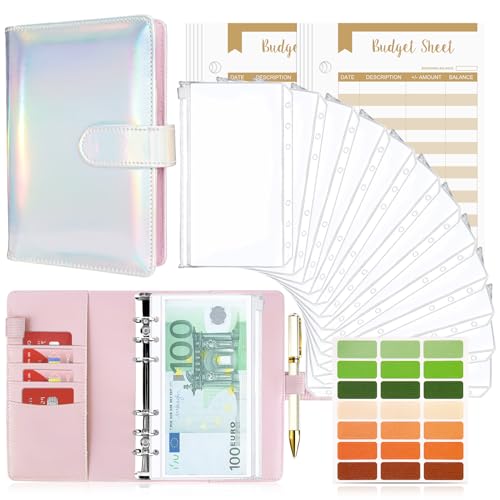 Budget Planner Budget Binder A6, Budgetplaner Geld Organizer mit Weiche Tasche, TAOPE Leder Budget Binder Notizbuch A6 Cash Stuffing, 6 Löcher Budget Planner, Haushaltsbuch mit Geldfächer Laser Rosa von TAOPE