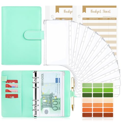 Binder Notizbuch A6,TAOPE 26Pcs PU Leder Loseblatt Notizbuch Nachfüllbar, 6 Löcher Binderumschlägen, Ringbuchordner&Weiche PVC Tasche mit Reißverschluss, Tasche Bargeld/Budget/Geldsparen Reines Grün von TAOPE