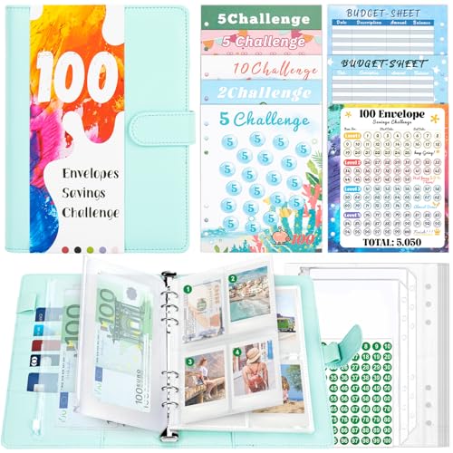 TAOPE A5 Binder mit Budget Planner Zubehör, A5 Ringbuch Kunstleder, Ringbuch A5 Nachfüllbar mit klaren Umschlägen Taschen, 100 Envelope Saving Challenge Einsätze, Blau Budget Binder A5 Für Büro Schule von TAOPE