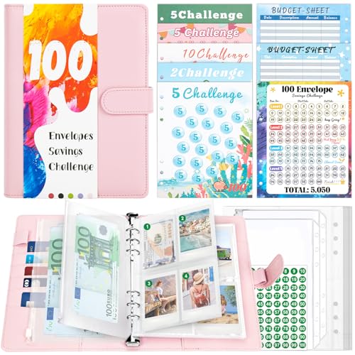 TAOPE A5 Binder mit Budget Planner Zubehör, A5 Ringbuch Kunstleder, Ringbuch Nachfüllbar mit klaren Umschlägen Taschen, 100 Envelope Saving Challenge Einsätze, Rosa Budget Binder Für Schule von TAOPE
