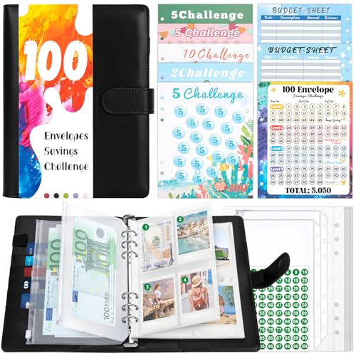 TAOPE A5 Binder mit Budget Planner Zubehör, A5 Ringbuch Kunstleder, Ringbuch A5 Nachfüllbar mit klaren Umschlägen Taschen, 100 Envelope Saving Challenge Einsätze, Schwarz Budget Binder A5 Für Büro von TAOPE