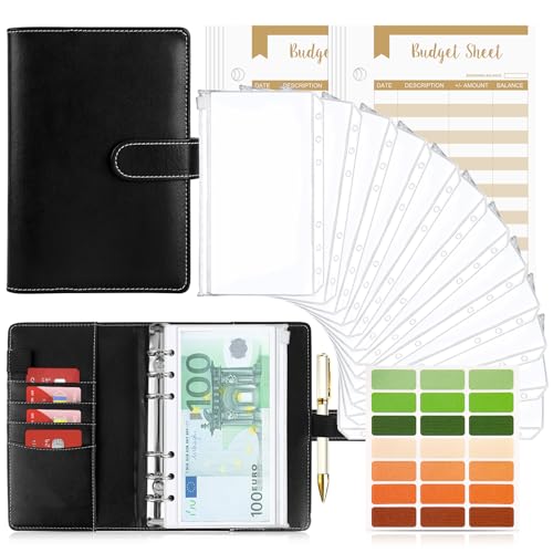 Budget Planner Budget Binder A6, Budgetplaner Geld Organizer mit Weiche Tasche, TAOPE Budget Binder Notizbuch A6 Cash Stuffing, 6 Löcher Budget Planner, Haushaltsbuch mit Geldfächer Pures Schwarz von TAOPE