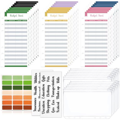 TAOPE Zubehör für Budgetordner A6 Größe, ​Ordnertaschen Kunststoffordner Reißverschlussordner Wasserdichter 6-Loch-Reißverschluss Lose-Blatt-Beutel & 24 Budgetblätter & Aufkleber-Set für Karten von TAOPE