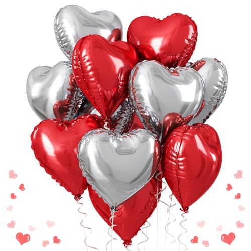10 Stück Rot Silber Herz Luftballons, 18 Zoll Rot und Silber Herz Folienballon Rot Romantische Party Dekorationen von TAOYE