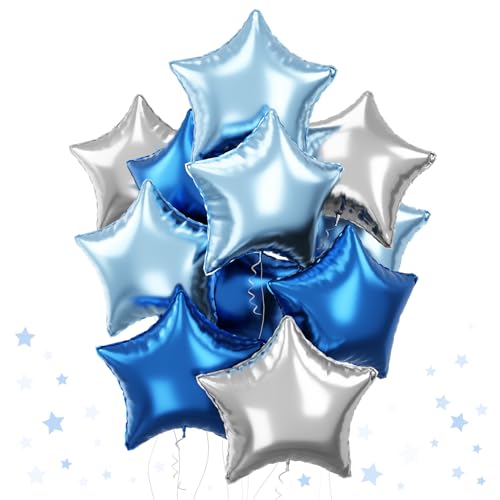 Blau Stern Foil Luftballon, 18 Zoll Blau Silber Sterne Helium Folienballons, 12 Stück Große Hell Blau Silber Pentagramm Folien Ballons Party Dekoration für Geburtstag Abschluss Babyparty von TAOYE
