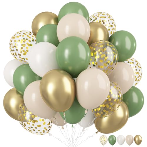 Grün Weiß Gold Luftballons, 12 Zoll Sage Grün Beige Latex Luftballons Grün Weiß Metallic Gold Luftballons mit Konfetti Luftballons für Safari Dschungel Kinder Geburtstag Babyparty von TAOYE