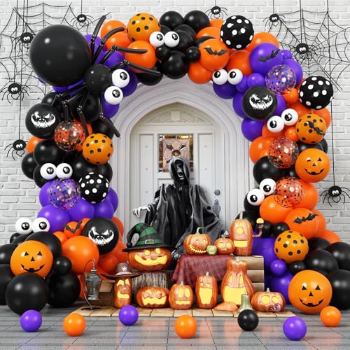 Halloween Luftballons Girlande Bogen Kit, Halloween Party Dekorationen, Schwarz Orange Lila Konfetti Ballon mit Polka Dot Augapfel Druck Spinnenballon 3D Aufkleber für Gruselige Mottoparty Supplies von TAOYE