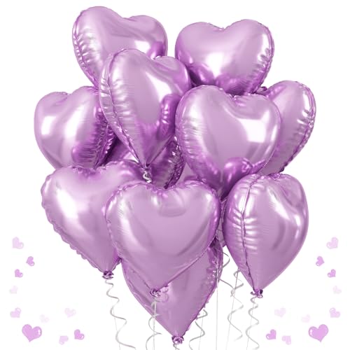 Herz Folienballon Lila, 18 Zoll Lavendel Violett Herz Helium Luftballons, 12 Stück Hell Lila Herz Folienluftballon Party Dekoration für Mädchen Geburtstag, Hochzeit, Baby Party, Valentinstag von TAOYE